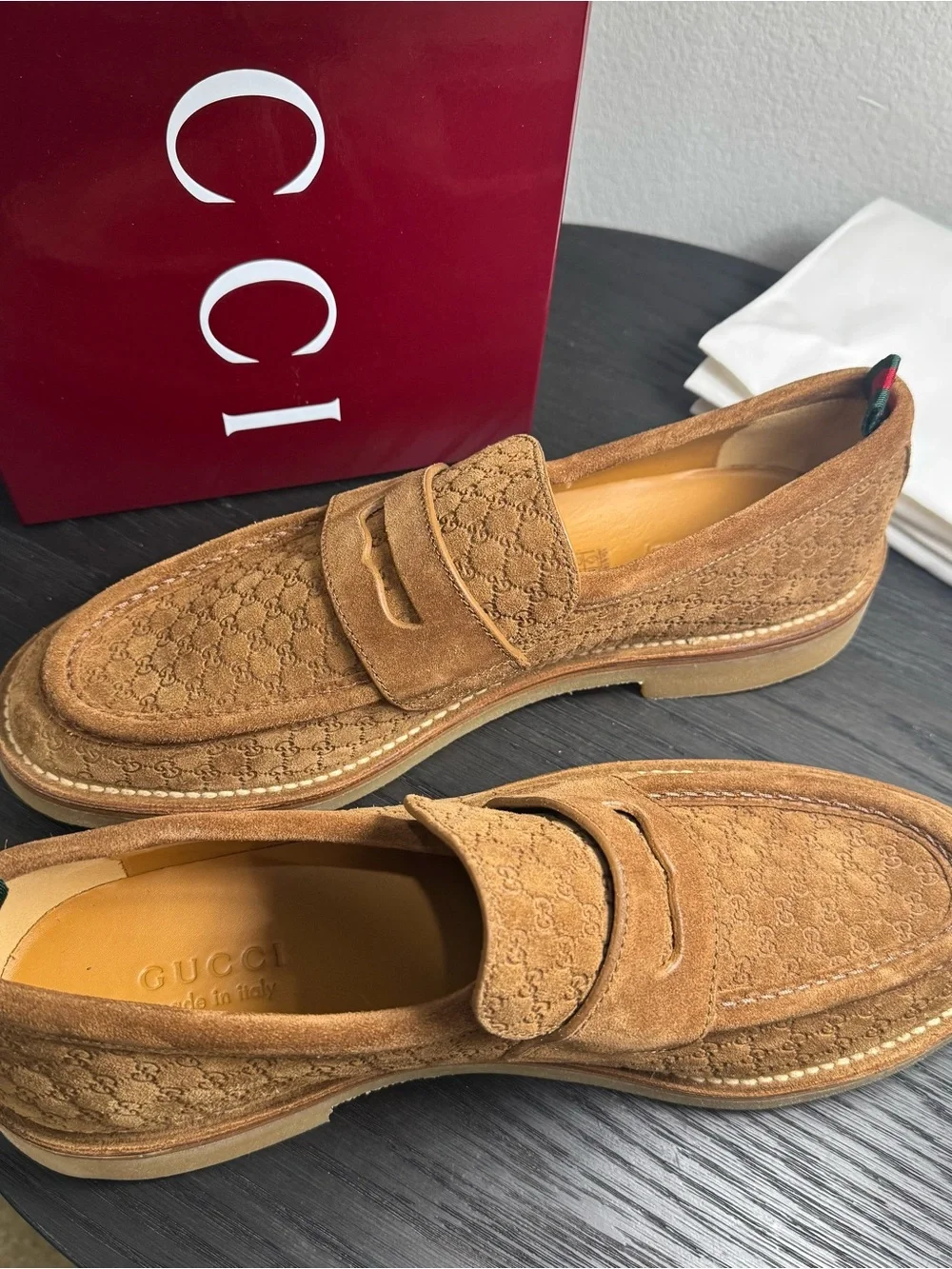 Gucci Moreau GG Monogram Penny Loafers Brown Suede 12